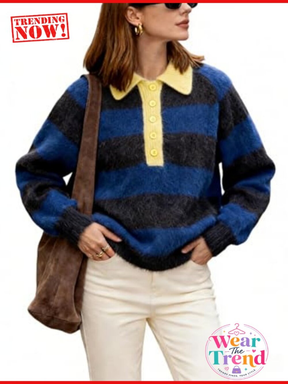 Striped Polo Sweater V Neck Long Sleeve Ribbed Cuff Relaxed Fit Fall Office Top